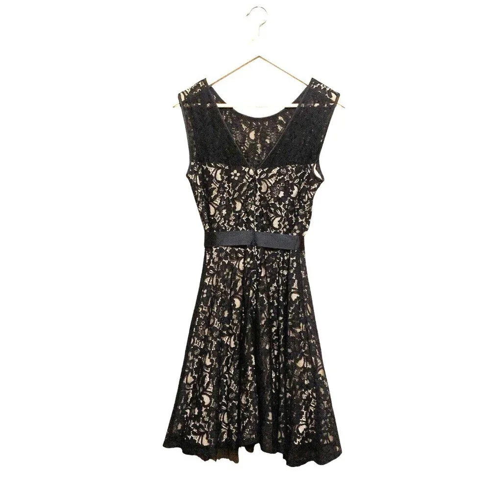 Betsy & Adam Women's Black Lace Over Beige Bow Party Cocktail Dress Sz 12 Witchy